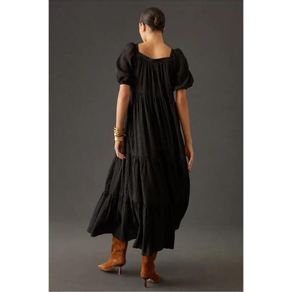 Anthropologie Women’s Tiered Puff Sleeve Square Neck Black Maxi Prairie Dress S - Picture 5 of 12